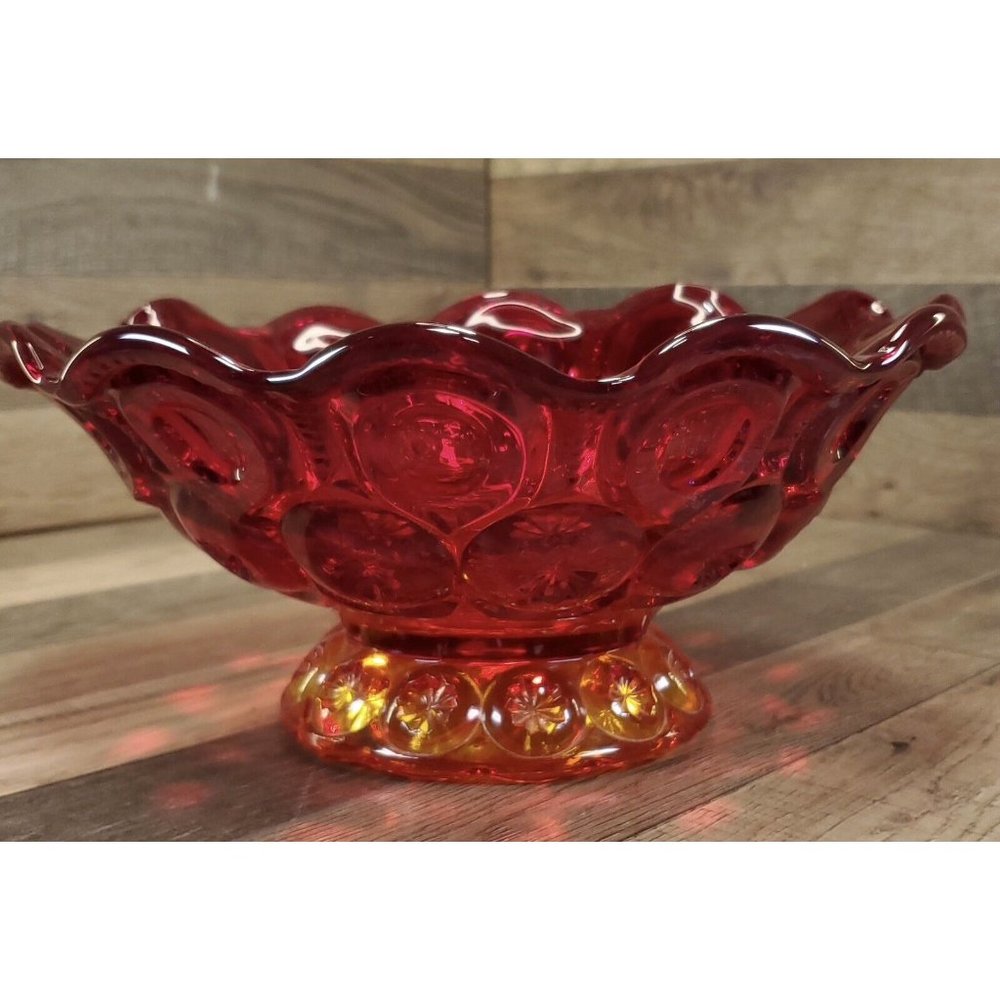 Vintage LE Smith Moon & Stars Amberina Red Glass Centerpiece Bowl 10" UV GLOW